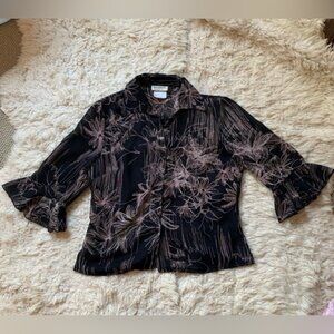 Vintage Laura Funky Black & Tan Patterned Semi Sheer Chiffon Button Up Blouse